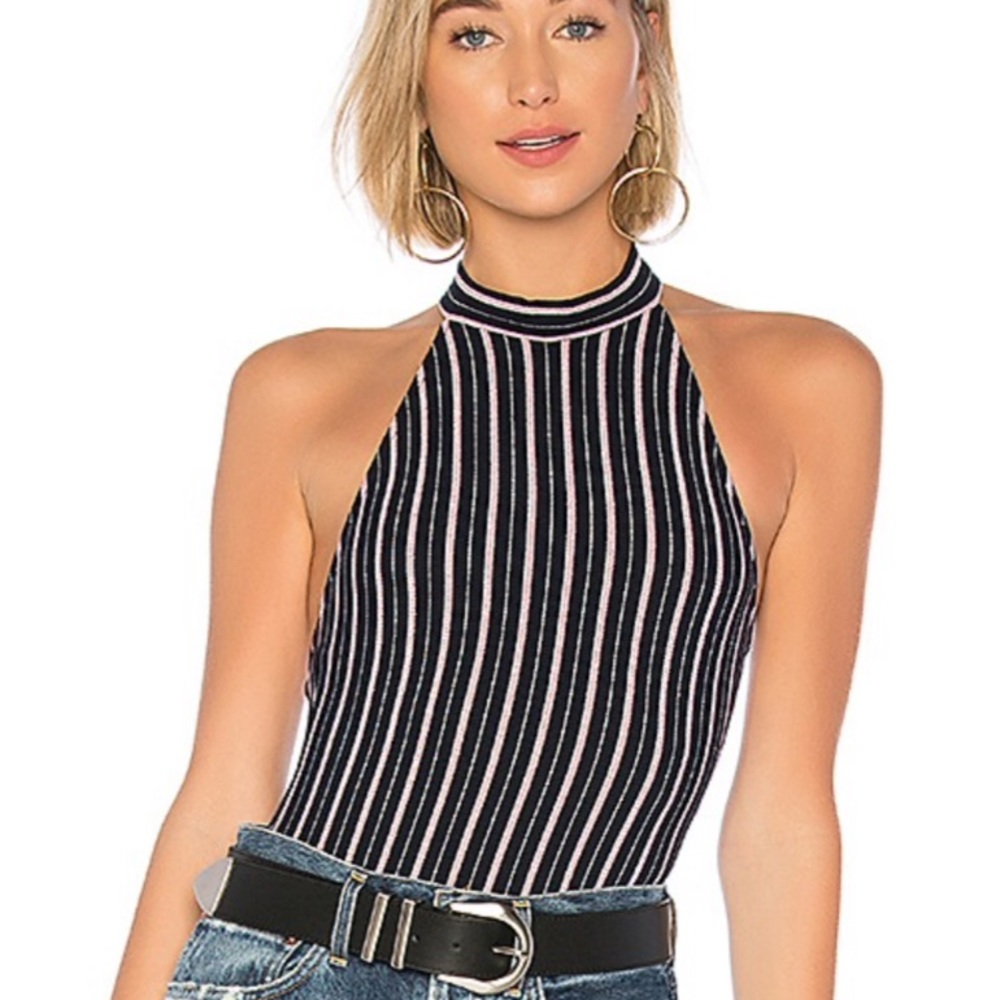 About Us navy pink silver stripe halter bodysuit